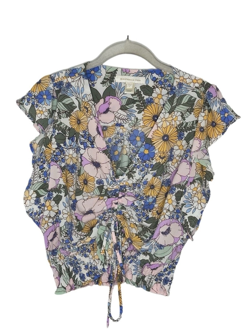 Monteau Las Angeles Summer Top Floral Flutter Sleeve Crop Top Lavender Large